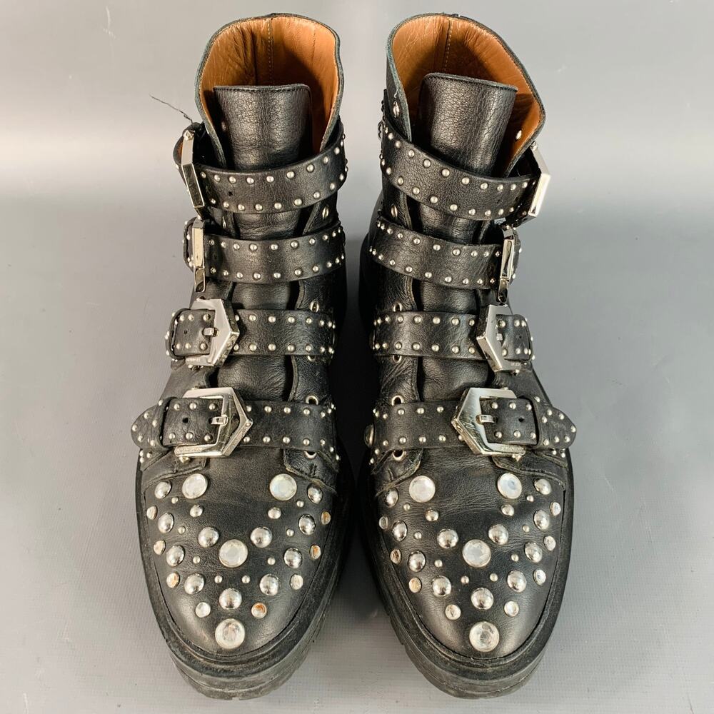GIVENCHY Size 8 Black Studded Leather Belted Ankle Boots - Picture 4 of 11